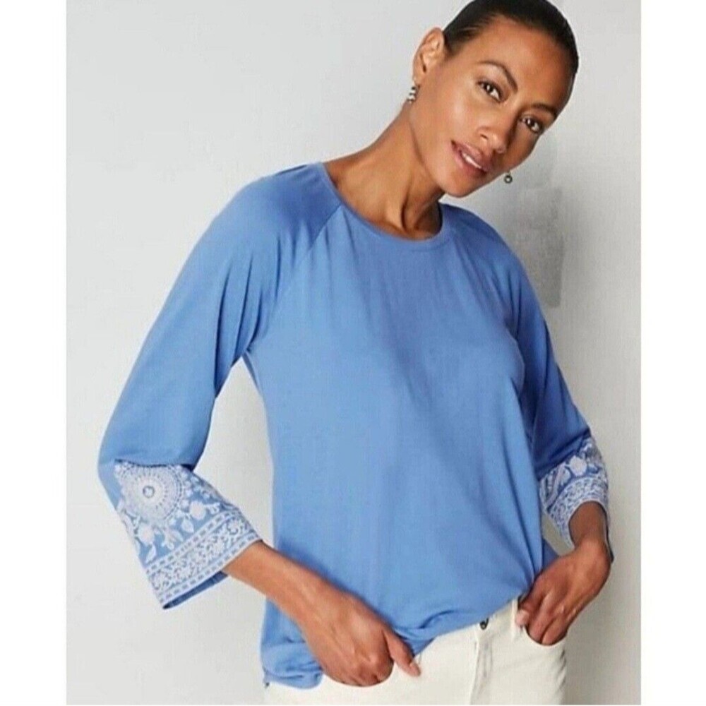 J. Jill Blue Embroidered Raglan Sleeve‎ Cotton Tencel Blend Top Large